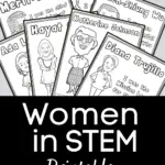 Seven pages with different women from history fanned out on a light gray background. White text on a black square below the pages reads: Women in STEM Printable Coloring Pages
