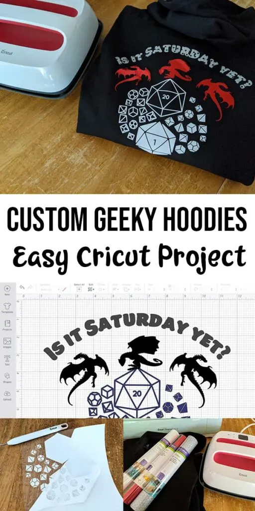 Picture of folded custom gaming hoodie next to EasyPress at top. Black text on white background says Custom Geeky Hoodies Easy Cricut Project. Below text is screenshot of design cut file in Design Space. Below that are a couple smaller pictures of project supplies and process of weeding the design.