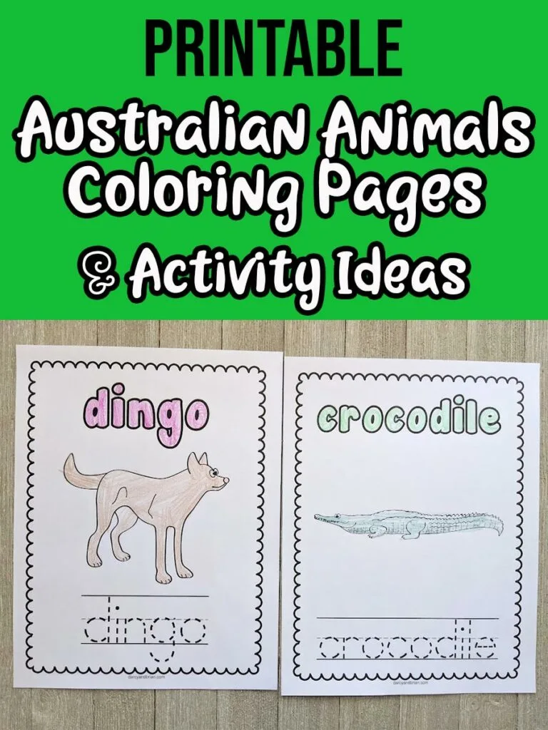 black and white text on green background says Printable Australian Animals Coloring Pages & Activity Ideas. Below text box are two coloring pages printed out laying side by side. One features the dingo and the other is a crocodile. The animal name and pictures are colored in.