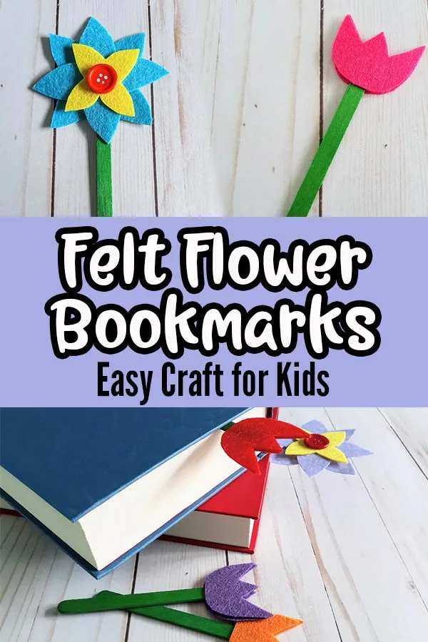 Top half of image shows both styles of completed felt flower bookmarks. Middle section has white and black text on lavender rectangle that says Felt Flower Bookmarks Easy Craft for Kids. Bottom part of image shows finished bookmarks sticking out of hardcover books and laying next to the stacked books.