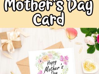 Black and white text on light yellow background reads Free Printable Floral Mother's Day Card. Below text is a preview of the floral Mother's Day card laying over an envelope. Flowers, gold pen, gold paper clips, sunglasses, and a small gift arranged around the card mockup.