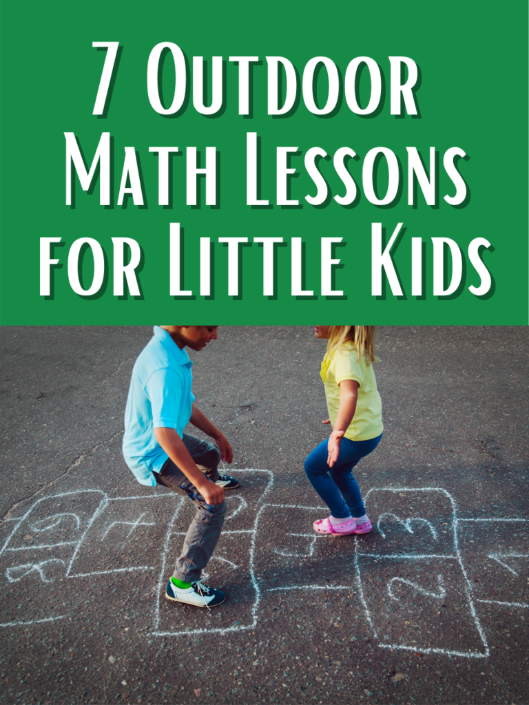 White text on dark green says 7 Outdoor Math Lessons for Little Kids. Below text is an image of two children playing hopscotch.