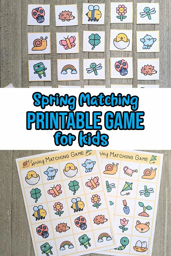 Top half shows spring themed matching game cards cut out and arranged face up. Bottom half shows two pages of game printed out and laying overlapping each other. Middle has blue text outlined in black that says Spring Matching Printable Game for Kids.