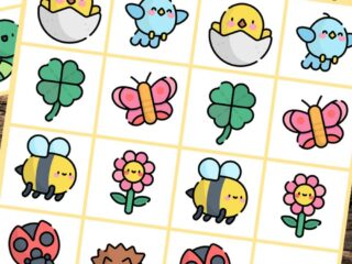 Preview image of spring matching printable game sheets. Spring items include hatching chicks, bluebirds, shamrocks, butterflies, bees, flowers, ladybugs, hedgehogs, frogs, and rainbows.