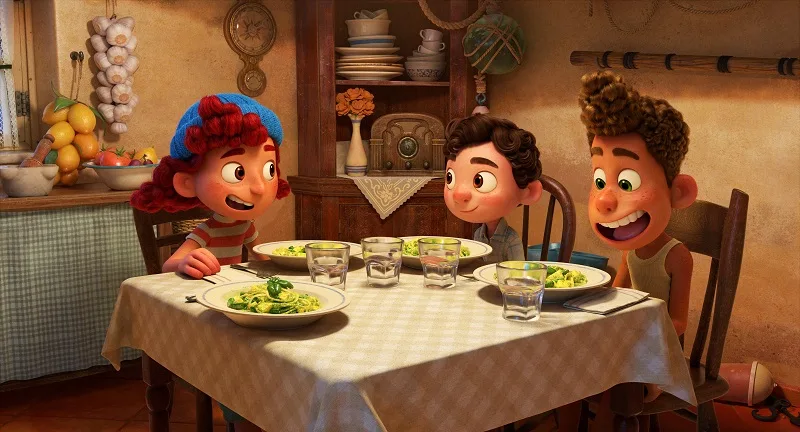Giulia, Luca, and Alberto have dinner at Guilia's house in the animated movie Luca.