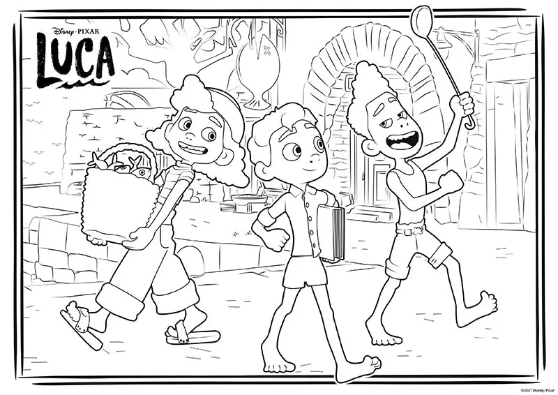 Coloring page with Luca and Alberto in human form walking down the street and Giulia carrying a bucket of fish.