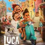Printable Activity Pack Cover for the Disney Pixar movie Luca. It shows Alberto, Luca, and Giulia riding a Vespa scooter through the streets with other characters in the background.