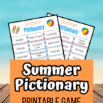 Mock up image of two pages of Summer Pictionary word lists on a beach background.