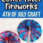White text on blue background at top says Coffee Filter Fireworks 4th of July Craft. Close up picture of completed coffee filter fireworks craft projects using coffee filters, craft sticks, markers, chenille stems, pom poms, and glitter glue.