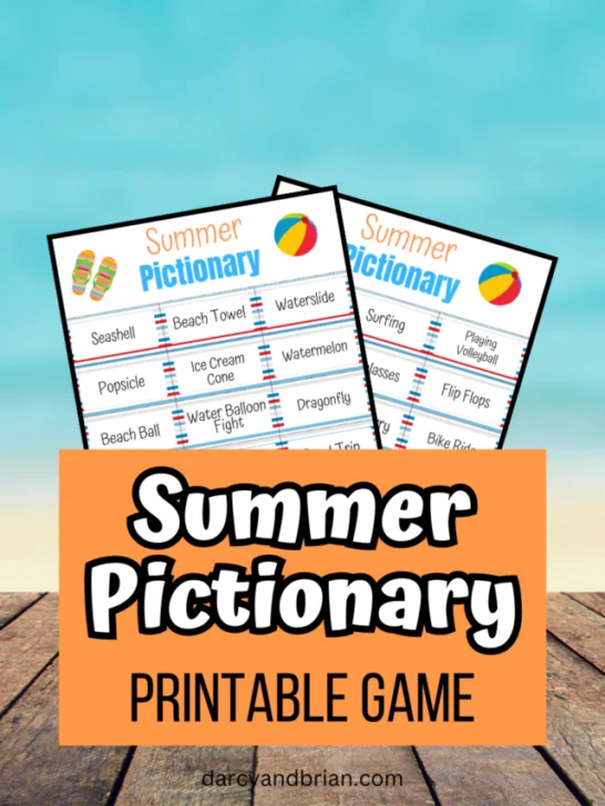 Mock up image of two pages of Summer Pictionary word lists on a beach background.