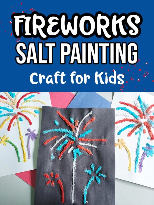 White text on blue background with a smattering of red confetti says Fireworks Salt Painting Craft for Kids. Beneath text is a picture of three completed salt paintings of fireworks. Middle one is done on black construction paper using blue and red paints. The other two are on white paper and use a colorful variety of paints.