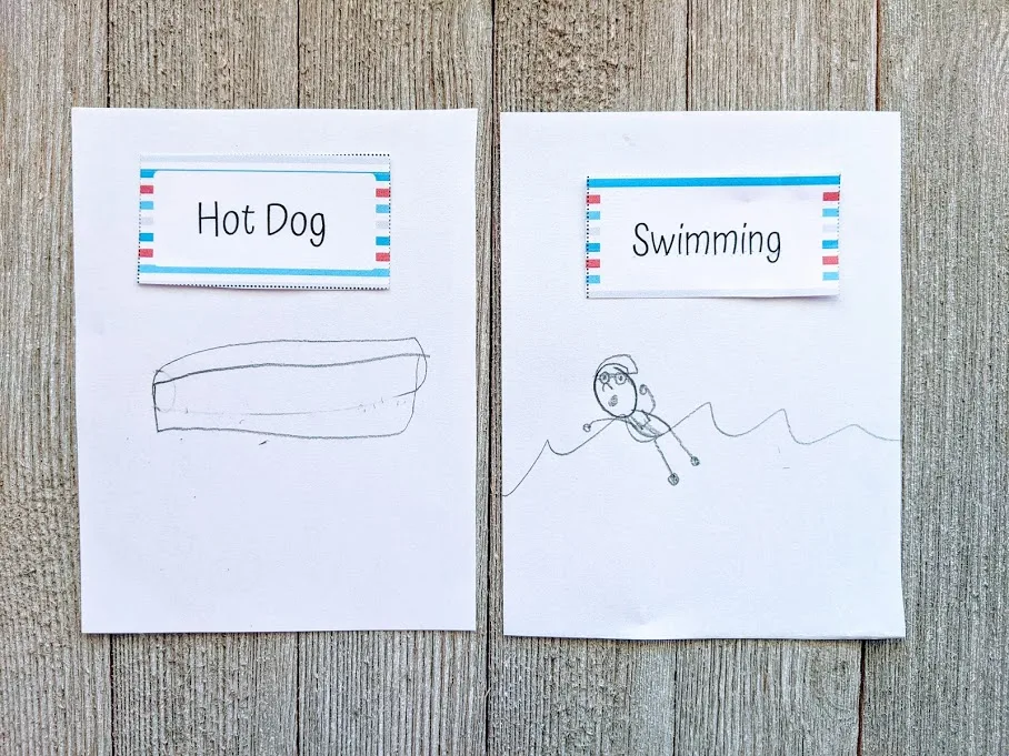 A child's pencil drawings of the Pictionary ideas hot dog and swimming.