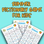 Black text says Printable. Orange text with black outline says Summer Pictionary Game for Kids. Preview image of three printable pages overlapping each other on a light blue background.