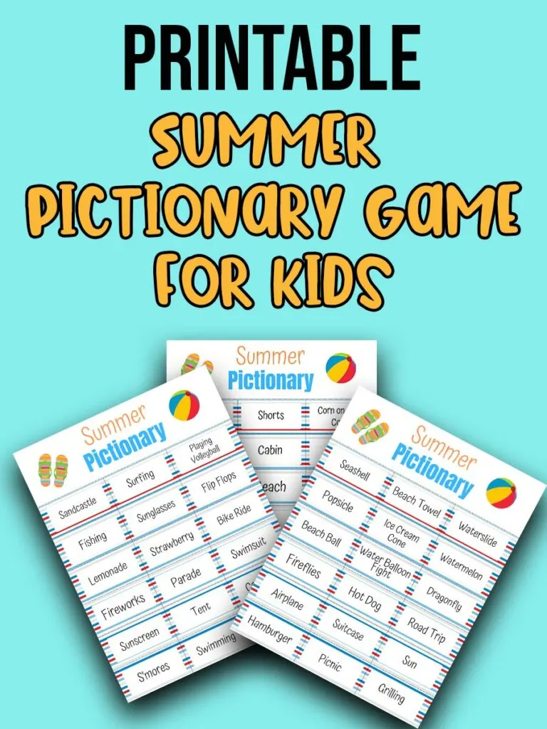 Black text says Printable. Orange text with black outline says Summer Pictionary Game for Kids. Preview image of three printable pages overlapping each other on a light blue background.