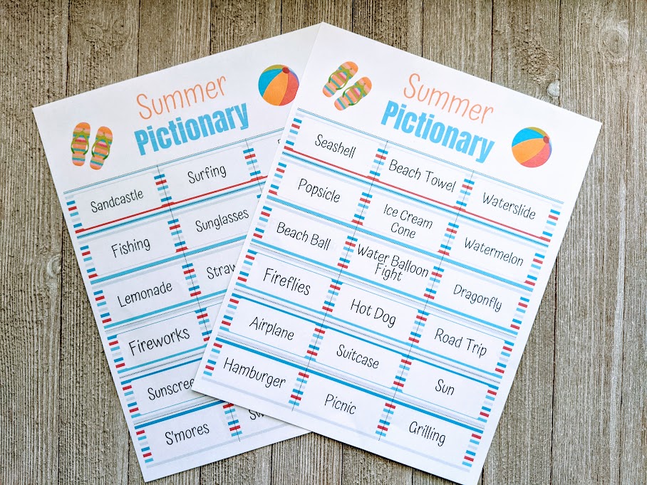 Summer Pictionary Words for Kids Free Printable Game