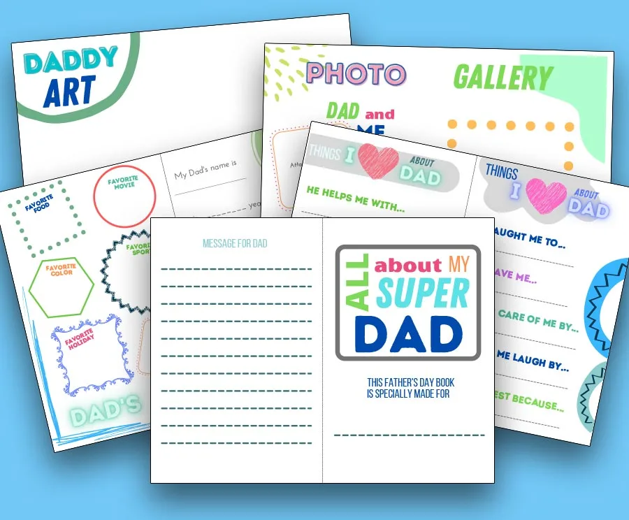Preview of all five Super Dad printable pages fanned out and overlapping each other on a light blue background.