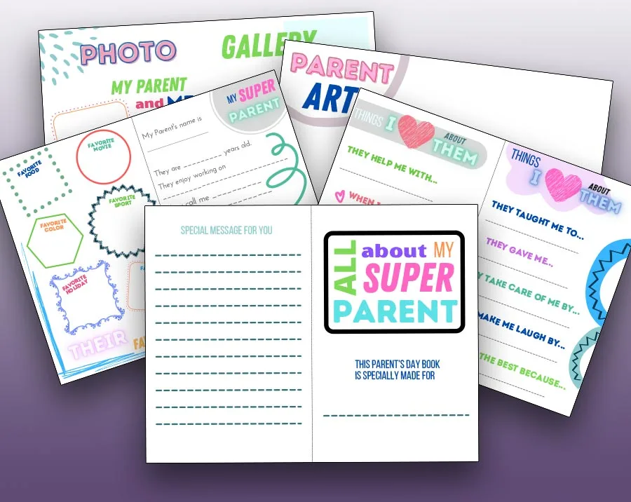 Preview of all 5 printable pages of the All About My Super Parent questionnaire booklet. Pages are overlapping and fanned out behind the cover page on a dark purple gradient background.