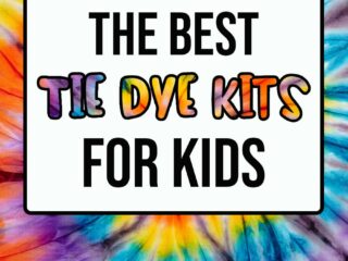 White text box with black outline on a bright multicolor tie dye background. Text says The Best Tie Dye Kits For Kids.