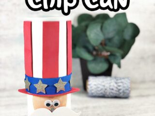 Chip can made to look like Uncle Sam's head wearing a hat. Small green plant out of focus in background. Top of picture has white text outlined in black that says Uncle Sam Chip Can. Bottom has red and blue text that says 4th of July Craft For Kids.