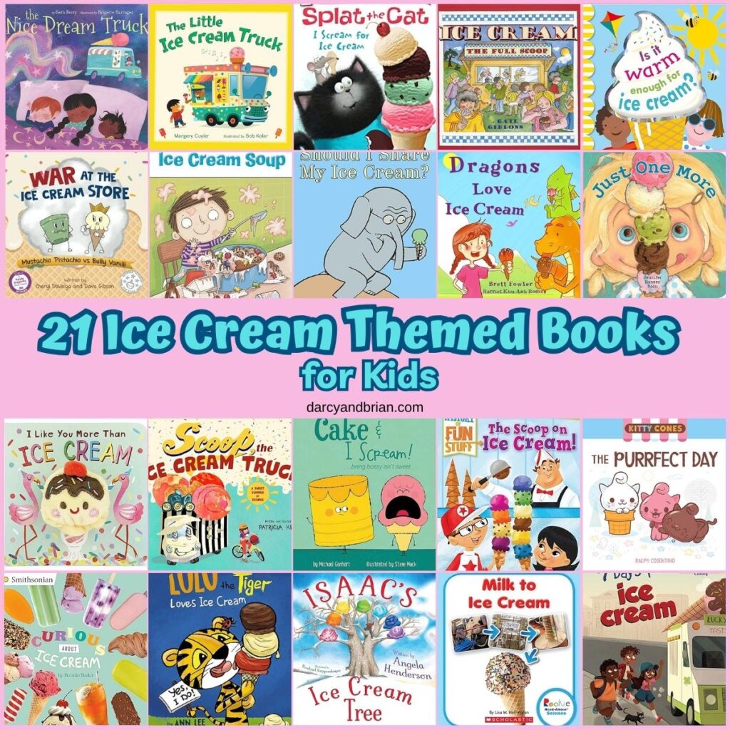 Collage of 20 different Ice Cream themed books for Kids.