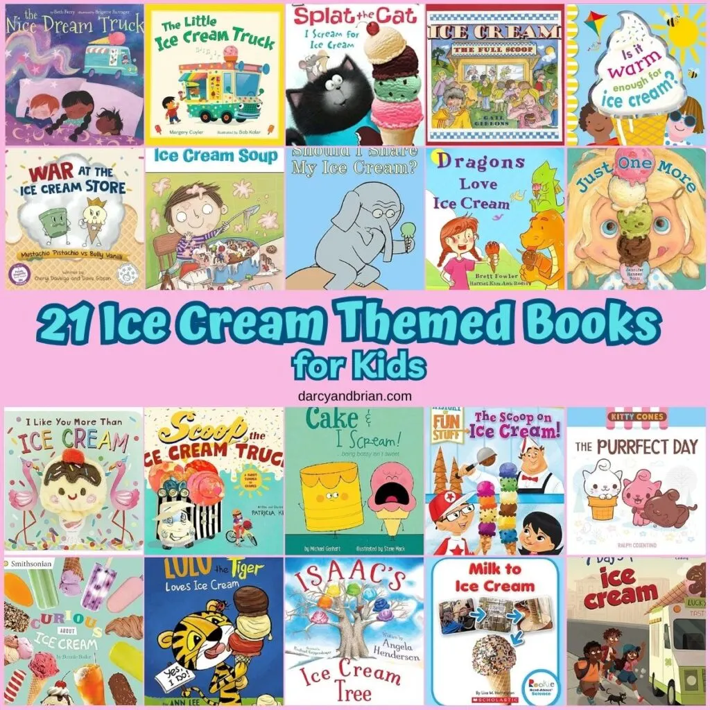 Collage of 20 different Ice Cream themed books for Kids.