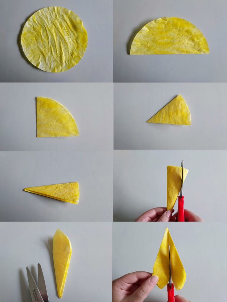 Collage showing the steps of folding the colored coffee filter and cutting it to look like sunflower petals.