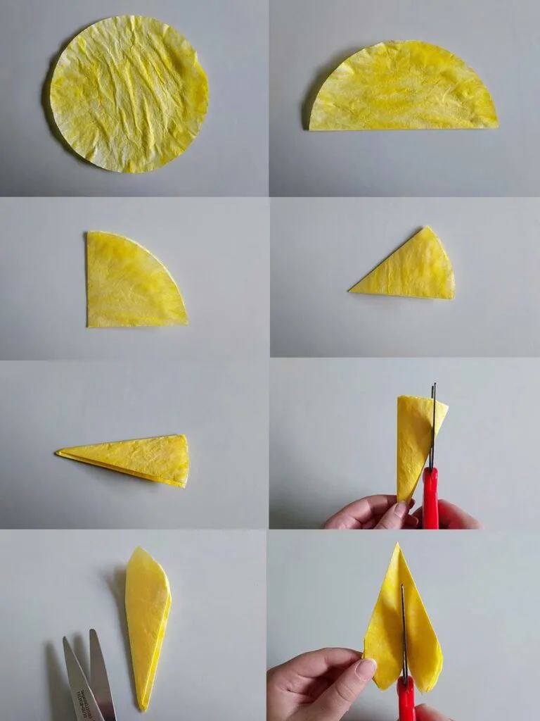 Collage showing the steps of folding the colored coffee filter and cutting it to look like sunflower petals.