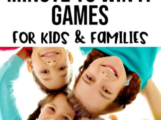 Black text on white background says 5 Fun Minute to Win It Games for kids & families. Text is above image of four white children smiling in a huddle looking down at the camera.