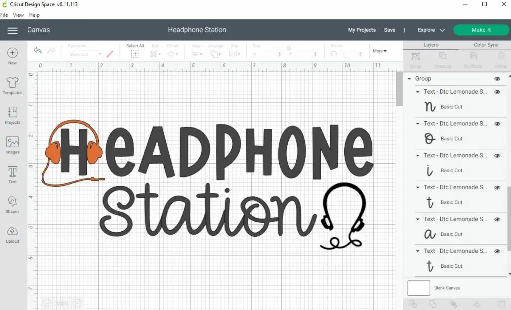 Screenshot of Cricut Design Space. HEADPHONE in black text with Station in a cursive font underneath. Slim black pair of headphones on the right of the word Station with curly cord. Orange headset over the letter H to look like it is wearing headphones.