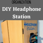 Black and white text on gray background reads: Computer Gaming Room Organization: DIY Headphone Station. Below is the side of a storage cabinet with shiny blue vinyl cut to say Headphone Station with headset shapes above hanging hook with a pair of blue headphones on it.