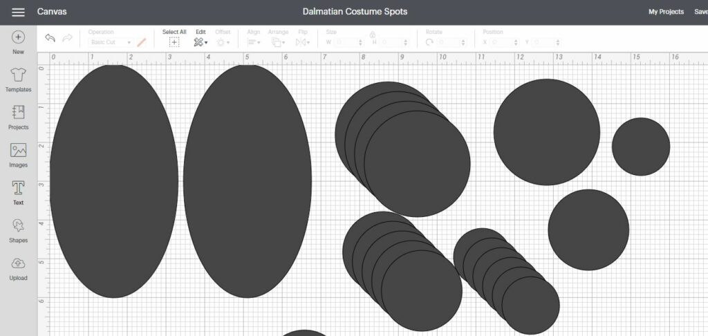 Screenshot of Dalmatian costume spots and ears in Design Space.