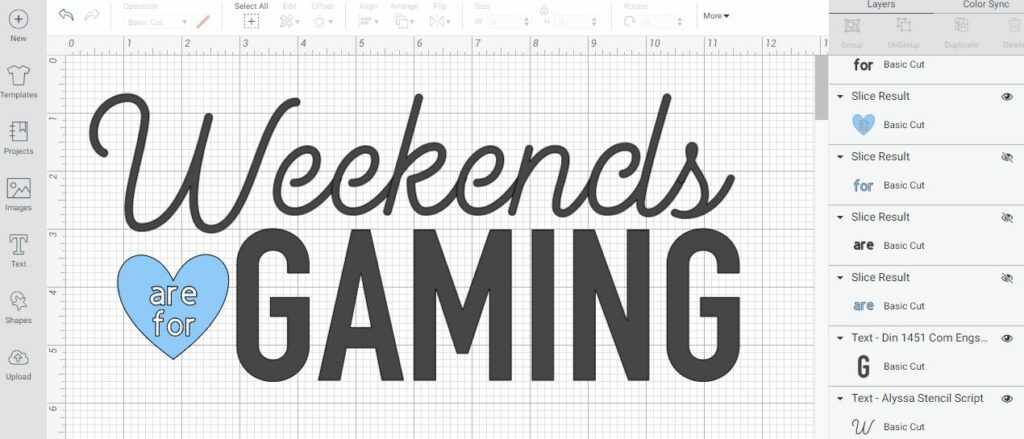 Screenshot of Weekends are for Gaming design within Cricut Design Space.