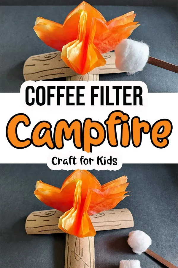 Top picture shows close view of coffee filter campfire with a pretend marshmallow roasting over the fire. Bottom picture shows side view of completed project with marshmallow sticks laying next to it. Black and orange text on white background in between pictures says Coffee Filter Campfire Craft for Kids.