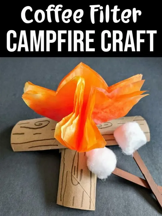 White text on black background says Coffee Filter Campfire Craft above picture of finished campfire made out of coffee filters and toilet paper tubes with cotton balls glued to brown craft sticks to look like roasting marshmallows.