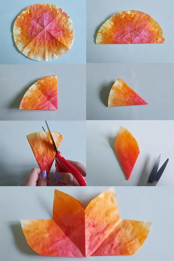 Collage image showing how to fold and cut coffee filter flame for campfire.