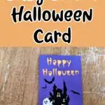 Black text outlined in white on an orange background reads Easy Cricut Halloween Card. Below text is an overhead view of a completed Halloween card made with purple and orange cardstock decorated with haunted house silhouette, bats, and white ghosts.