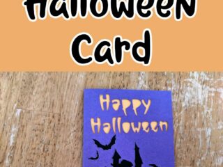 Black text outlined in white on an orange background reads Easy Cricut Halloween Card. Below text is an overhead view of a completed Halloween card made with purple and orange cardstock decorated with haunted house silhouette, bats, and white ghosts.