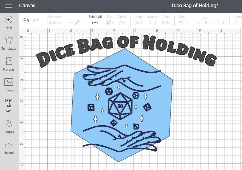 Screenshot of Dice Bag of Holding design in Cricut Design Space.