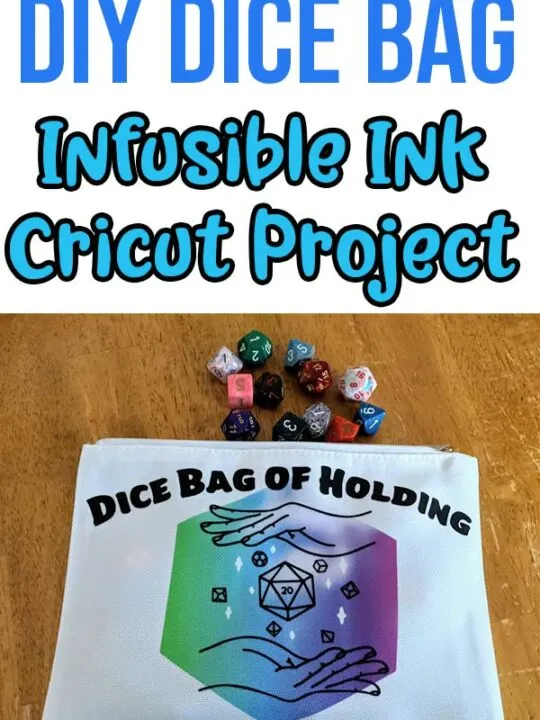 Blue text on white background at top says DIY Dice Bag Infusible Ink Cricut Project above picture of completed zippered cosmetics bag with rainbow colored hexagon on it and black iron on Dice Bag of Holding with an outline of two hands with a dice set between them. Assorted dice are spilling out of the bag onto a wooden table.