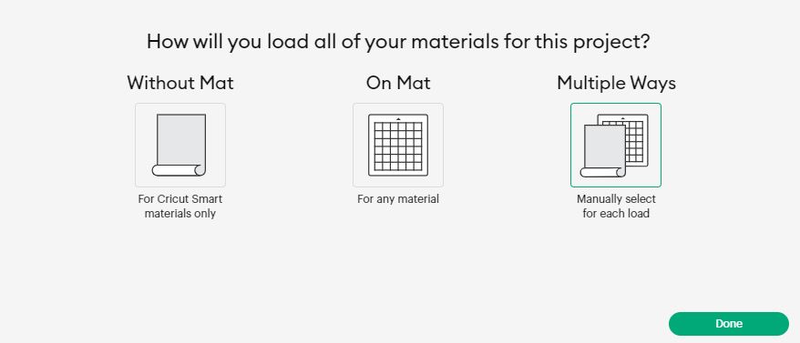 Screenshot of Design Space asking how materials are being loaded for Cricut Maker 3: smart materials without a mat, on a mat, or mixed.