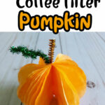 Text at top of image says 3D Coffee Filter Pumpkin in red, black and orange text. A close side view of completed project is under the text. Black text under project says Fall Craft For Kids.