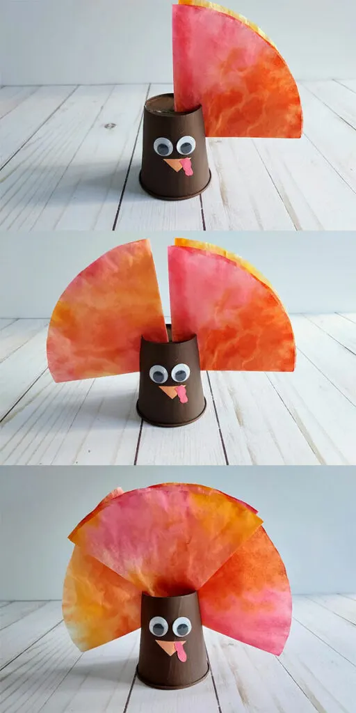 Image collage showing how to arrange the folded coffee filters to create feathers on the turkey cup body.