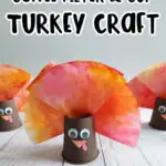 Black text with white outline at top says Coffee Filter & Cup Turkey Craft. Three finished brown painted cups with tie dyed coffee filter feathers sticking out of them to look like little turkeys side by side on table.