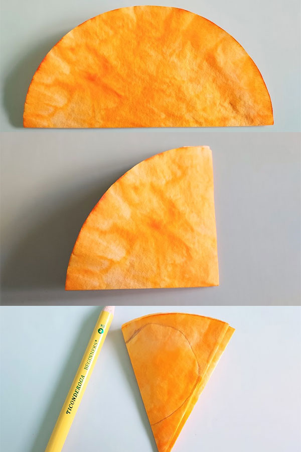 Vertical Collage of three pictures showing how to fold the coffee filter.