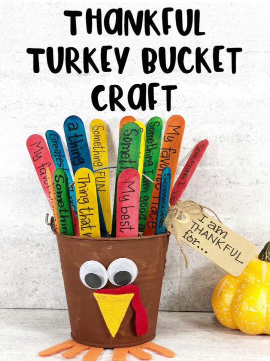 Thankful Turkey Bucket Craft in black text at top of picture of completed craft project. Small metal bucket painted brown with googly eyes and felt beak and feet glued to it. Multiple colors of jumbo craft sticks sticking out of it to look like tail feathers with things written on them. Brown kraft tag hanging off handle says I am thankful for...