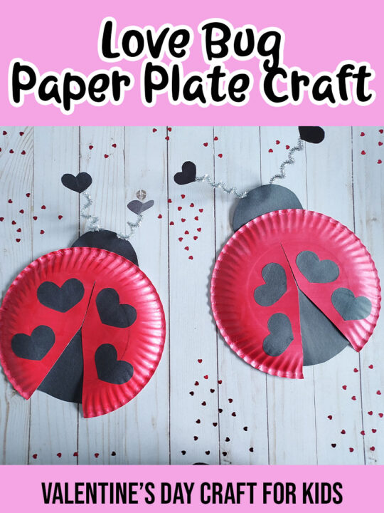 Black text on pink background at top reads Love Bug Paper Plate Craft. Two completed love bug crafts made with paper plates painted red, black construction paper, and heart shaped spots laying next to each other on white wood background and small heart confetti sprinkled around them. Black text on pink background at bottom reads Valentine's Day Craft for Kids.