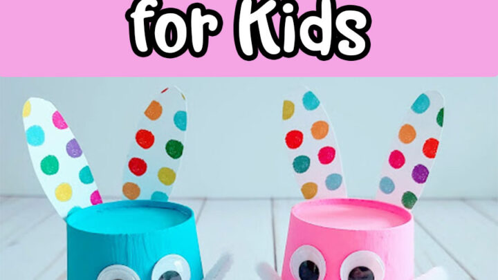 White text outlined in black on pink background reads Cute Paper Cup Bunny Craft for Kids. Below text are two bunnies made from upside down paper cups. Left one is painted blue and right one is painted pink. Googly eyes, pink pom pom noses, white pipe cleaner whiskers with mouth drawn in black marker. Ears and feet are cut from multi colored polka dotted patterned cardstock and glued to cup.