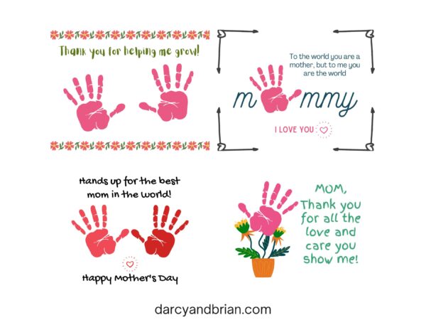 Set of four preview images of the Mother's Day handprint art printable templates.