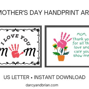Black text on white at top reads: Mother's Day Handprint Art. Preview image of two printable templates side by side. One uses a handprint as the O in Mom. The other uses handprint to create a flower.