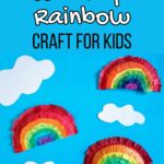 White and black text on blue background at top says Tissue Paper Rainbow Craft for Kids. Rainbows made with tissue paper on paper plates are arranged on blue paper around white paper clouds to show completed craft project.